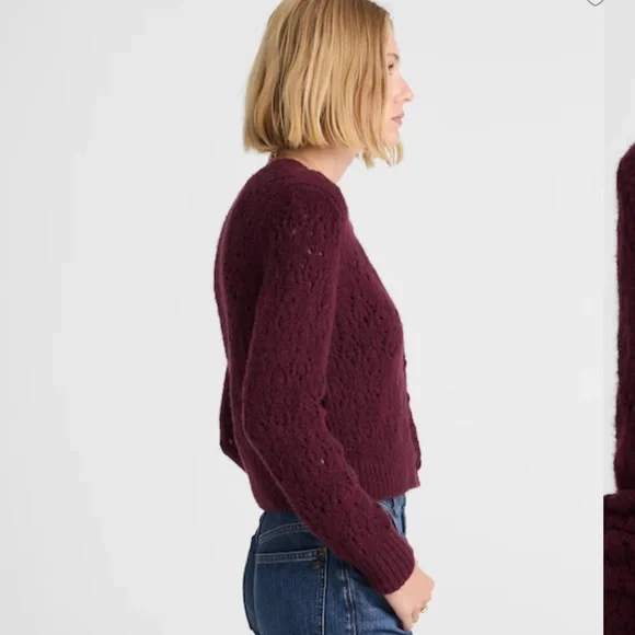 Madewell Pointelle-Stitch Cardigan Cotton Blend in Dark Pomegranate Size Medium - Picture 9 of 10